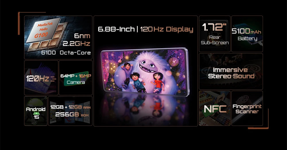 Smartphone Android 15 Cubot P90, écran 6,88 pouces 120 Hz, 24 Go  RAM (12 + 12 Go étendus), 256 Go ROM, processeur G100 Octa-core 2,2 GHz, appareil photo 64 MP, 5100 mAh, NFC, double haut-parleur, telephone portable 4G
