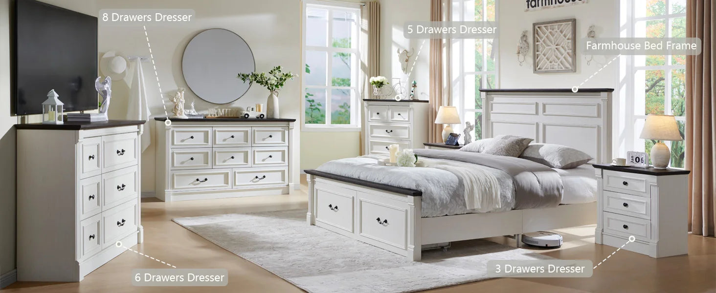 Cadre de lit queen size Farmhouse, avec tête de lit de 51 po de hauteur, cadre de lit en bois avec pied de lit de 20 po de hauteur et 2 grands tiroirs de rangement
