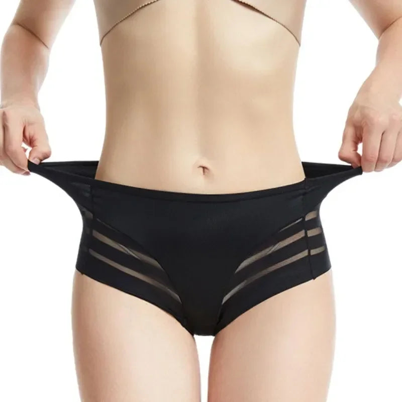 Slip taille haute sans couture pour femmes, maille transparente, haute élasticité, contrôle du ventre, sous-vêtements en soie glacée, Lingerie Sexy