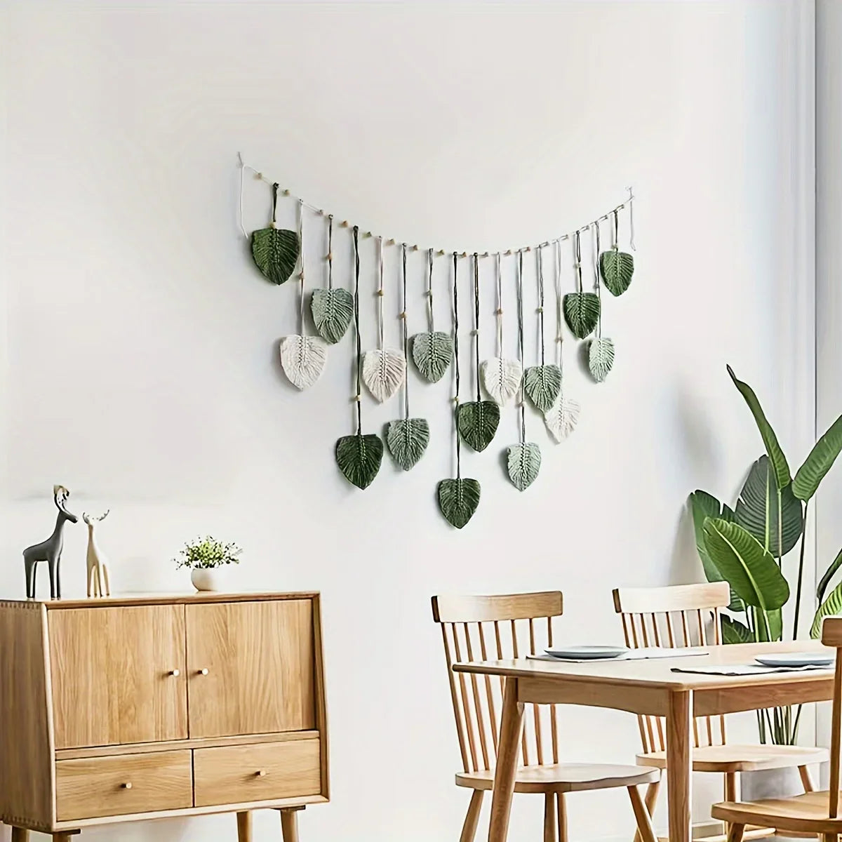 Modern woven wall art, beautiful room decoration, green leaves hanging on the walls, bohemian style, feather, Ramadan Easter gift