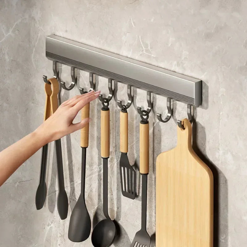 Crochet de cuisine mural, support de rangement de cuisine, support de crochet de rangée, étagères sans poinçonnage avec crochet mobile, ustensile de cuisine