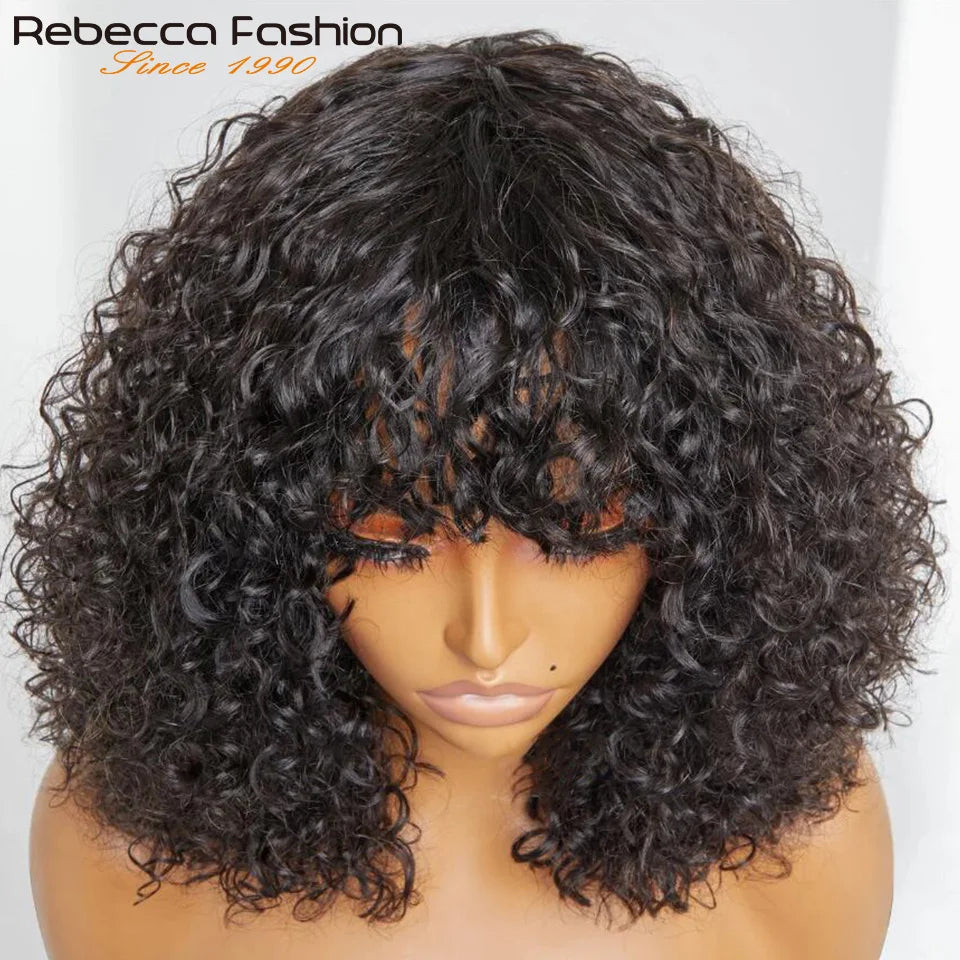 Perruques de cheveux humains Pixie Cut Bob avec frange pour femme, perruque pleine machine bouclée, surbrillance, couleur blond miel, court, caution