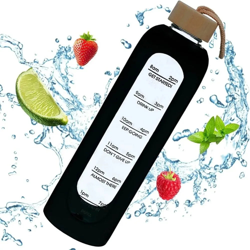 Nouveau 32oz 1L bouteilles d'eau en verre marqué dans le temps couvercle en bambou sans plomb motivation Sport manchon en Silicone bouteille de boisson Portable cadeau