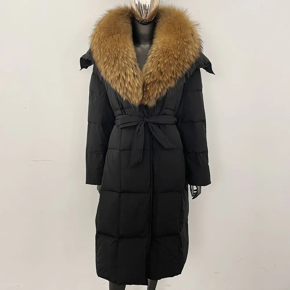 Veste d'hiver chaude et élégante pour femme, avec ceinture à capuche, simple boutonnage, col en vraie fourrure de renard, manteau épais et ample en duvet de canard blanc