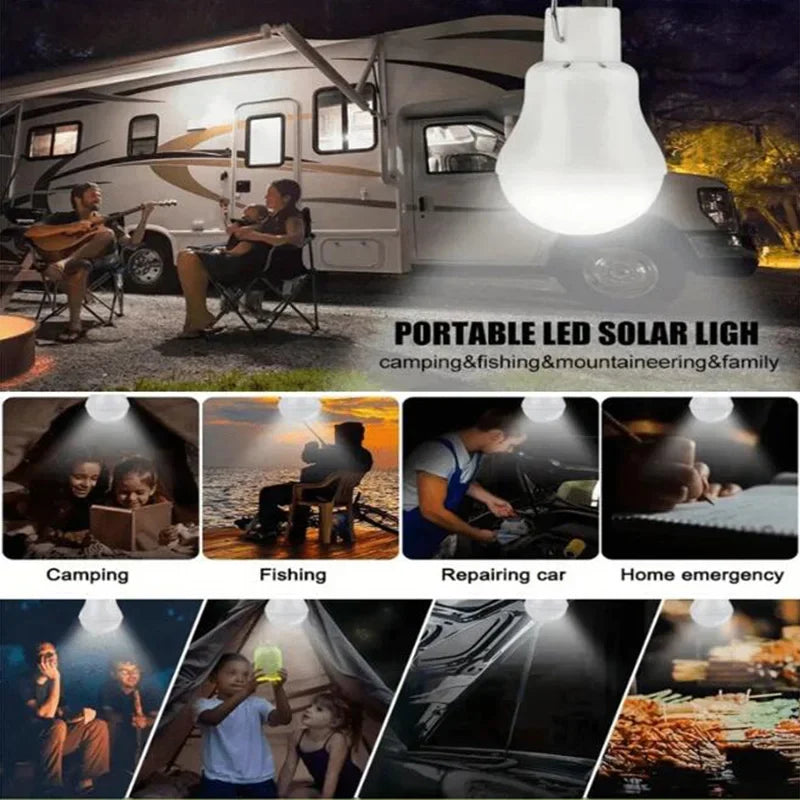 LED solar lamp, waterproof outdoor bulb, portable solar garden hanging hiking fishing emergency lights