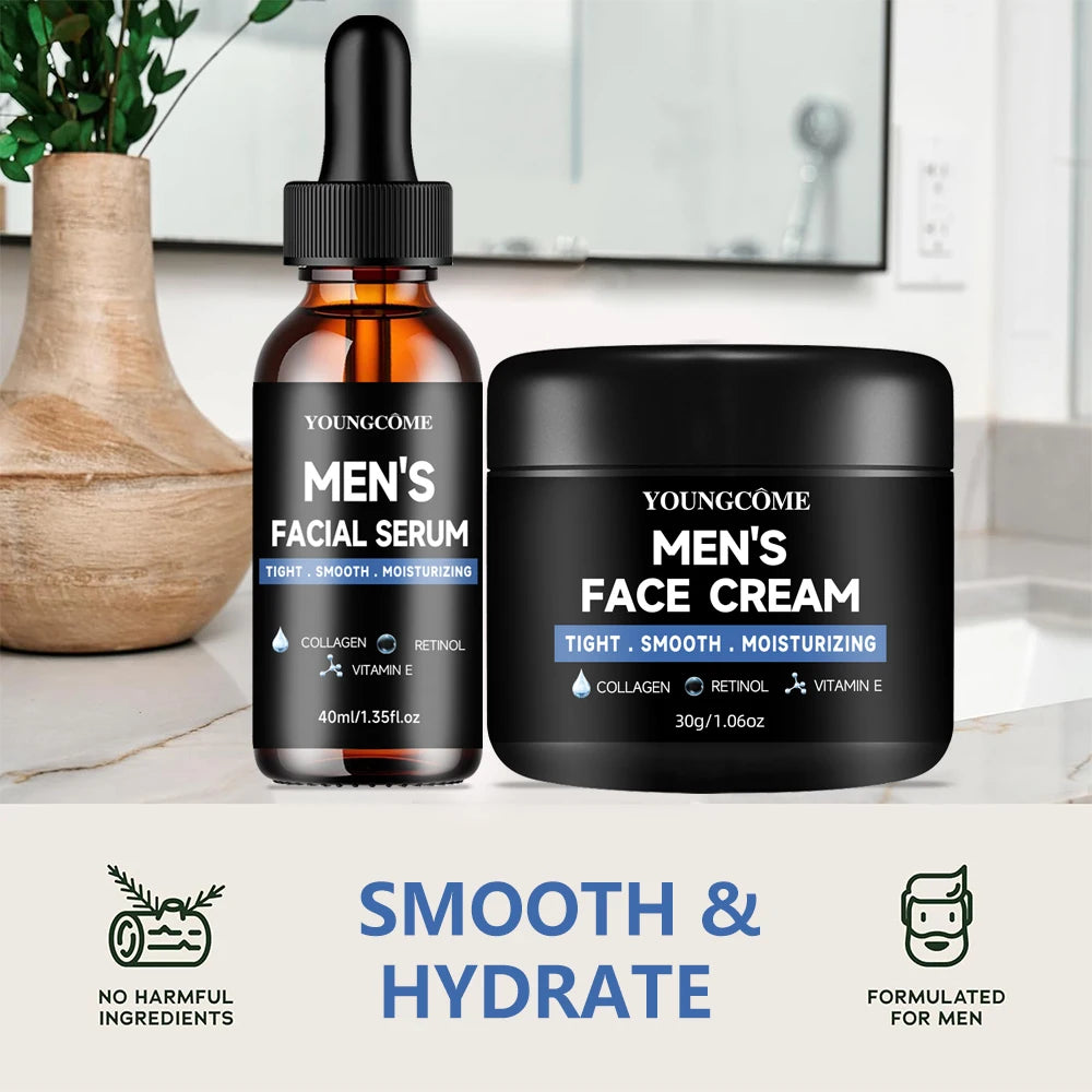 YOUNGCOME Ensemble de routine quotidienne pour homme avec sérum et hydratant avec collagène, rétinol et vitamine E pour tous types de peau