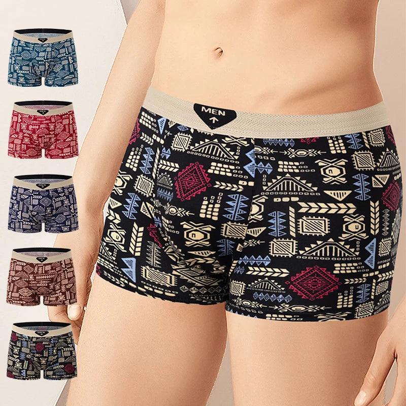 Fashionable and versatile printed underwear for men, 5-piece set, all seasons, comfortable, plus size, youthful boxer shorts, casual shorts