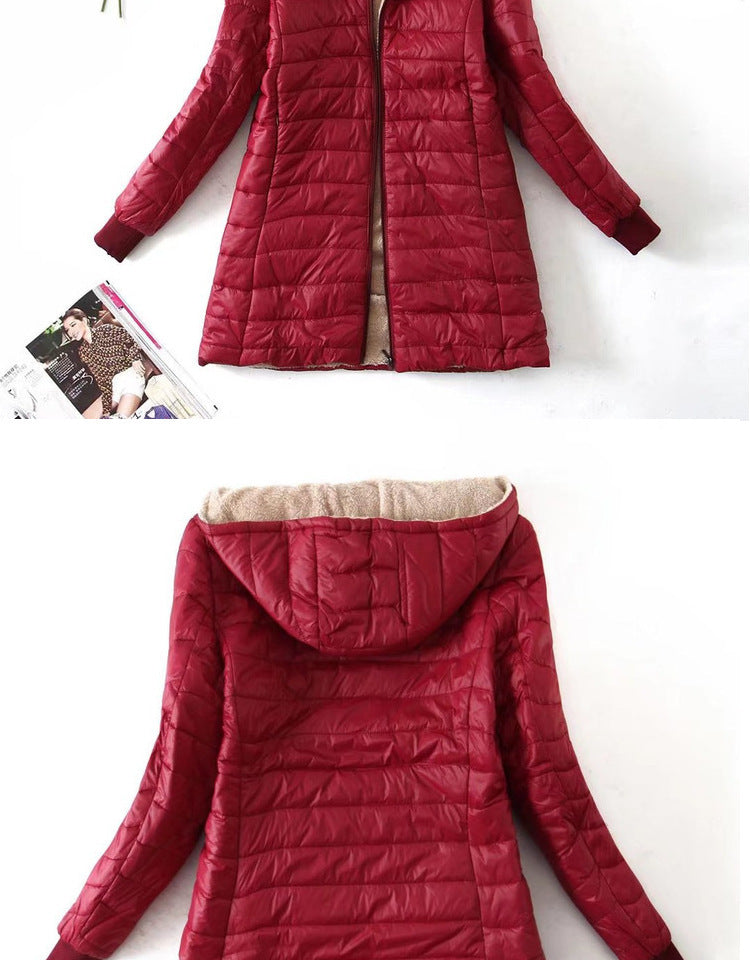 Women's Korean-style mid-length hooded cotton coat, warm lambswool coat and velvet jacket, new autumn and winter 2023 collection