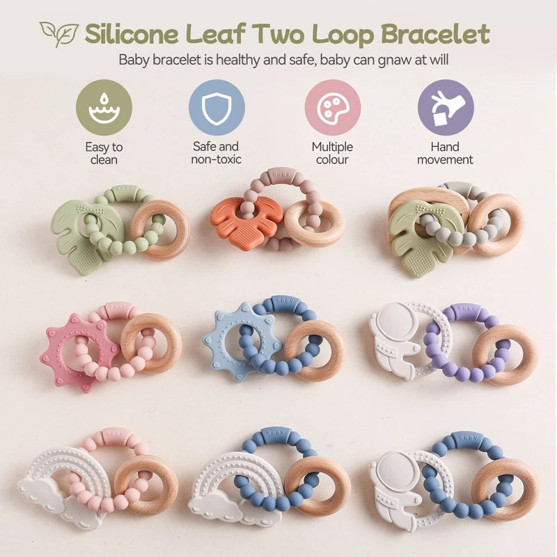 Anneau de dentition en Silicone pour bébé, 1 pièce, sans BPA, Bracelet en Silicone, feuille, jouets de dentition, anneau en bois, dent d'allaitement, jouets cadeaux pour nouveau-né