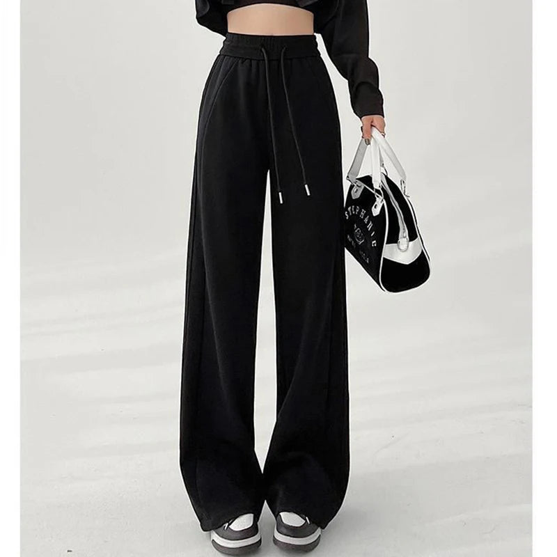 Femme classique coréen taille haute pantalons de survêtement femmes coupe ajustée pantalon confortable filles jambe droite mince pantalons décontractés