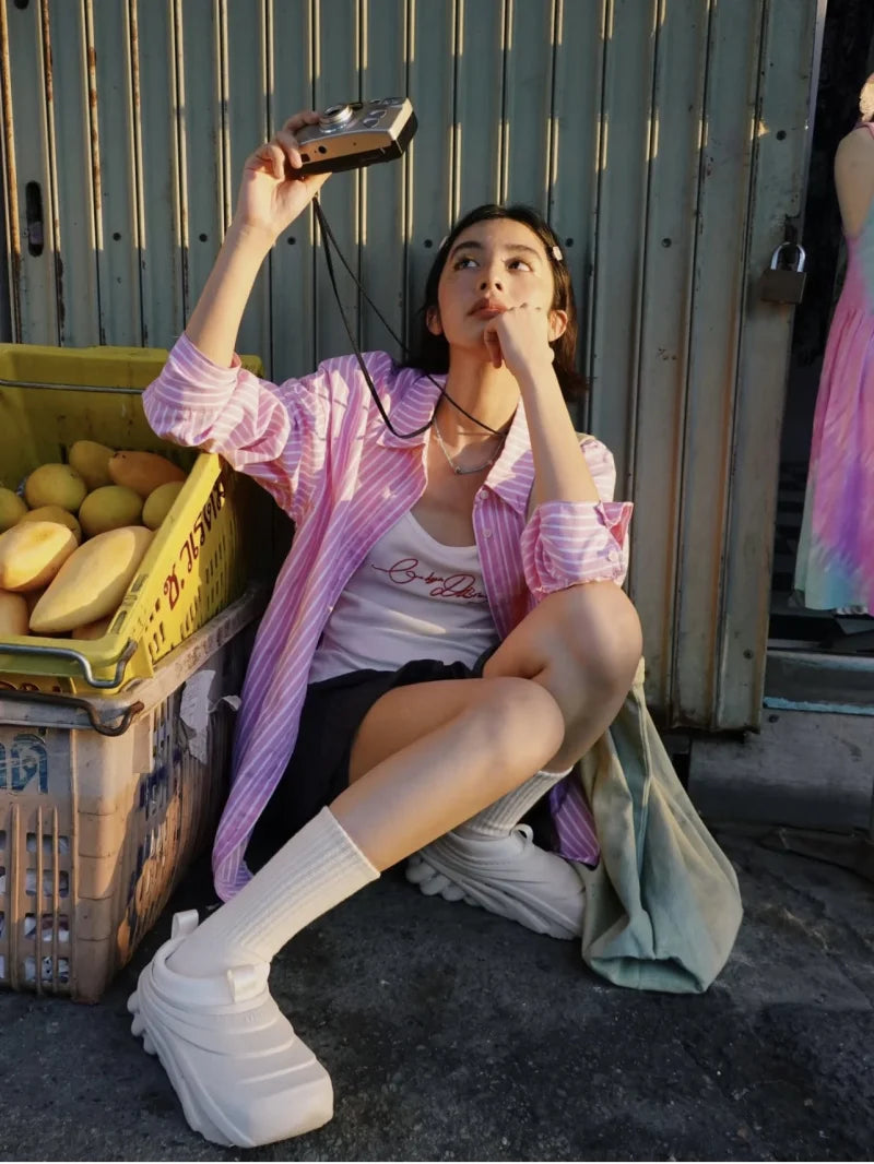 ETJ 2025 femmes printemps nouvelle mode européenne-américaine rayé à manches longues revers version ample popeline chemise sélection multicolore