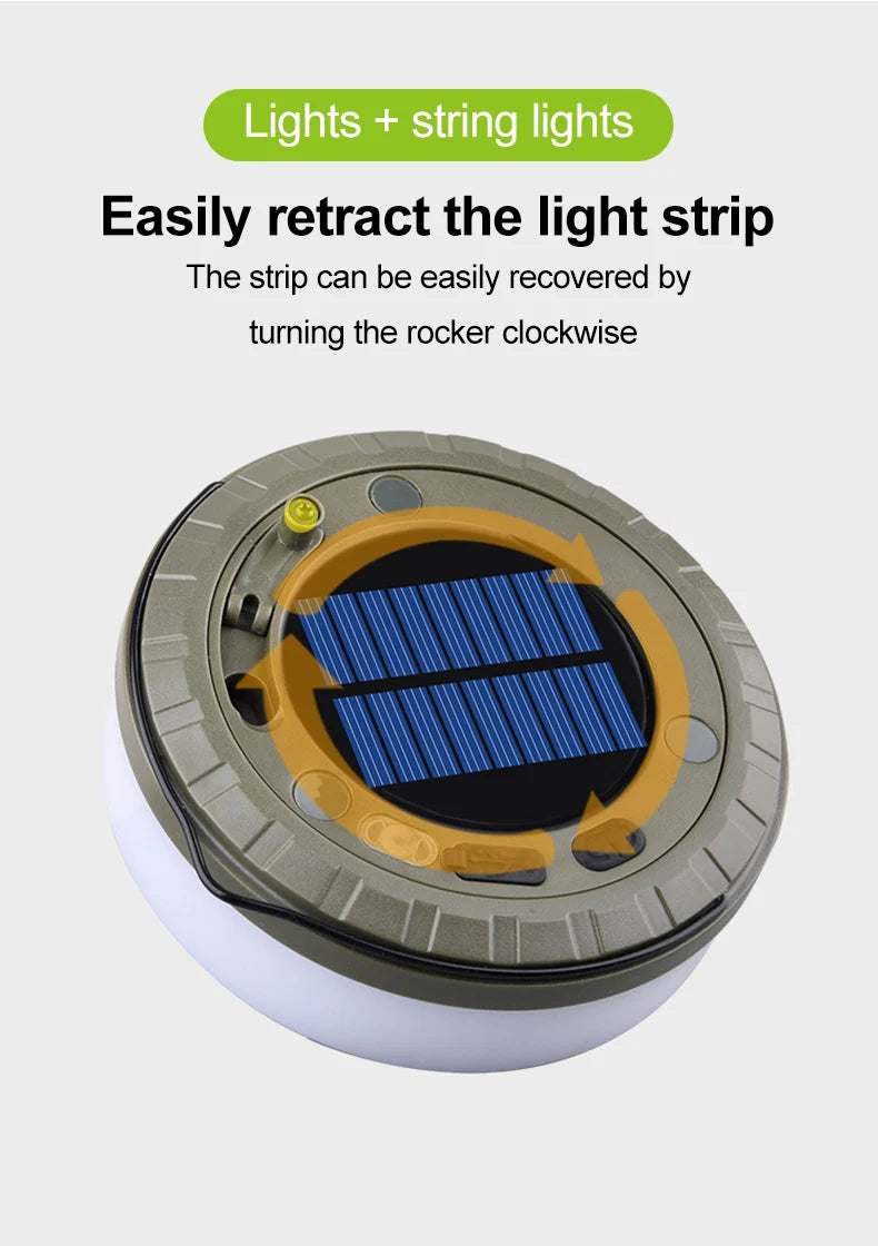 Guirxiété Solar Light for Outdoor Camping, LED Flashlight with Hook, Tent Light, RGB Lights, Stopovers, 10m