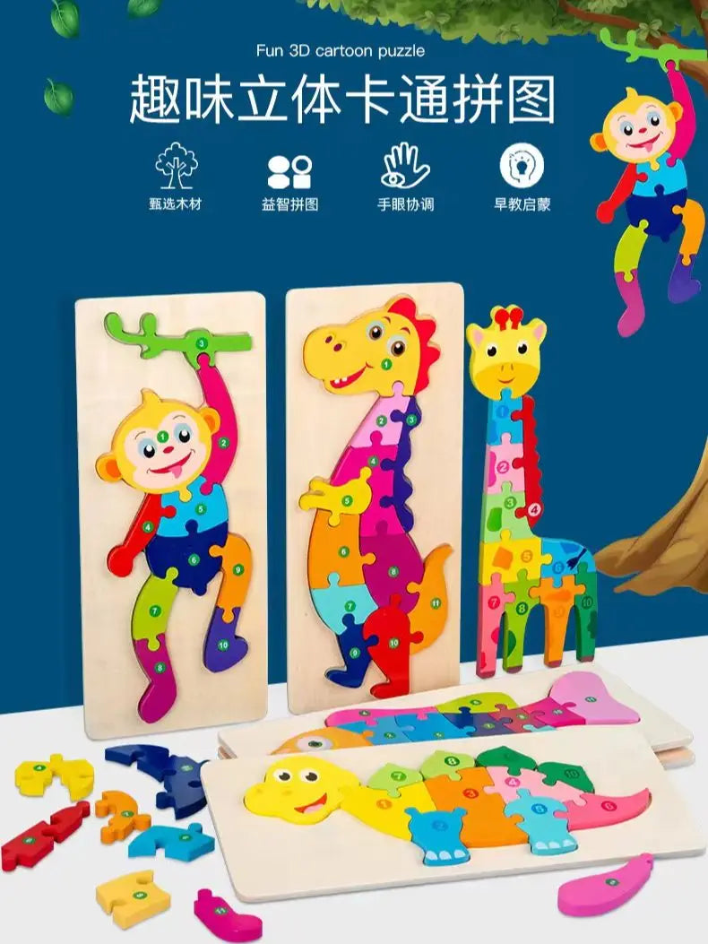 Puzzles en bois pour enfants, puzzle de chiffres, puzzles de dinosaures et animaux, trafic, jouets de puzzle de personnages pour garçon et fille, cadeau idéal, 1-6