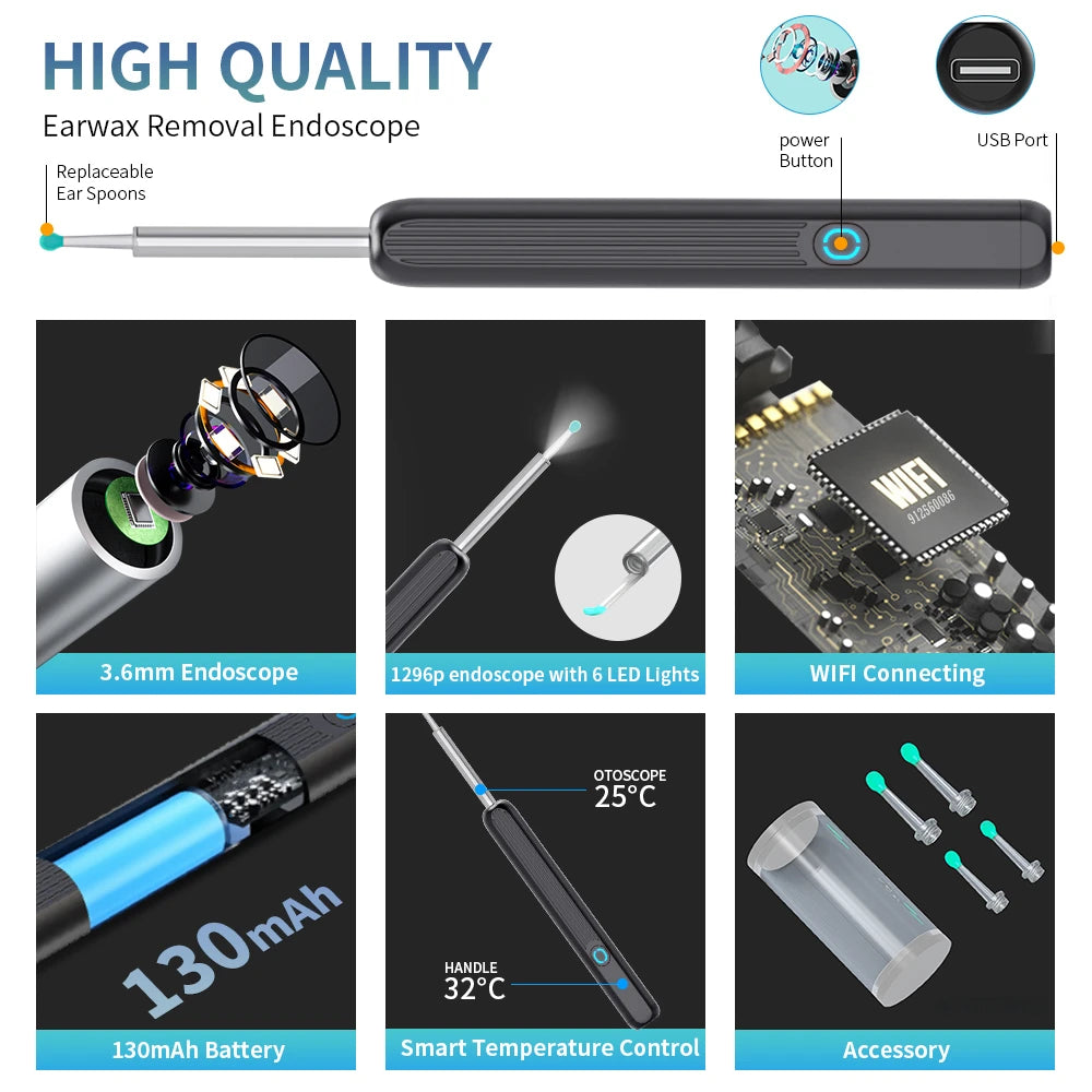 NE3 nettoyeur d'oreilles outil de retrait de cire d'oreille de haute précision avec caméra LED Otoscope sans fil Kit de nettoyage d'oreille intelligent meilleur cadeau
