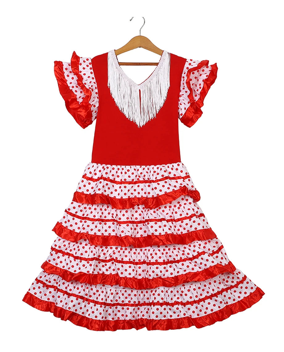 Robe de danse traditionnelle espagnole pour filles, robe de Festival à pois avec pompon, quatre couleurs, jupe classique de Style Flamengo gitane pour enfants
