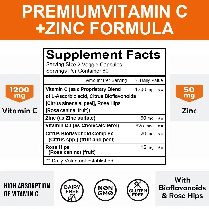 Taoters Supplément Vitamine C + Zinc - Haute Absorption - Système immunitaire, Vitamines pour la santé de la peau - Supplément Antioxydant