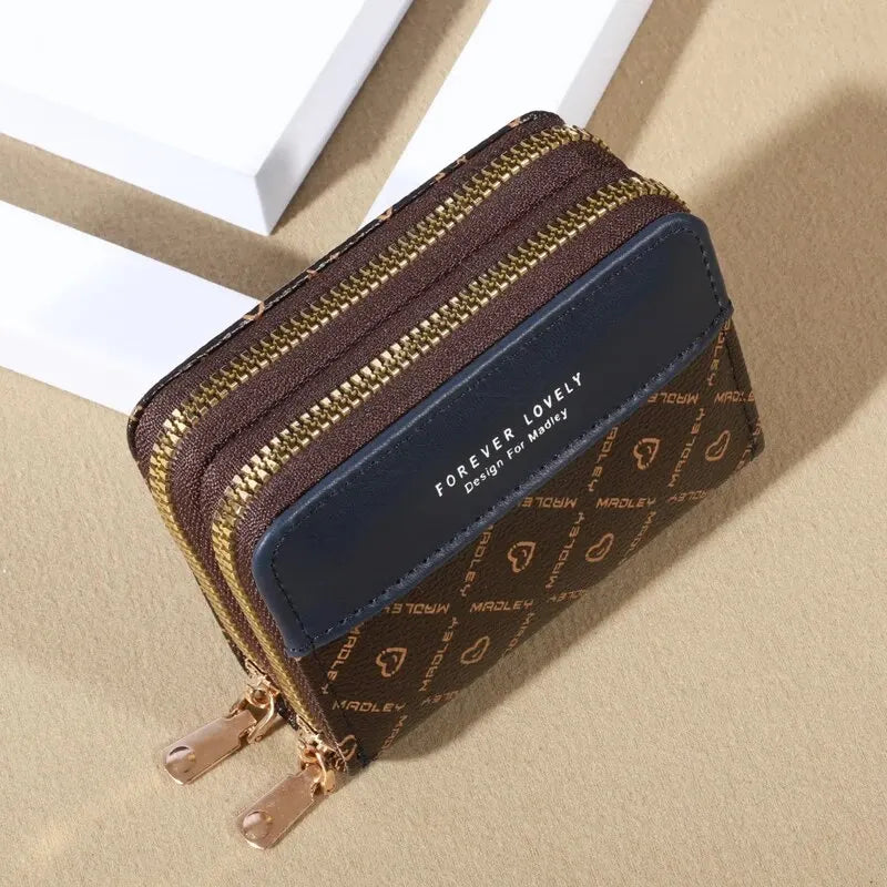Mini faux leather wallet with double zipper, compact classic pouch, multiple card slots, matching pocket, RFID protection, chic 