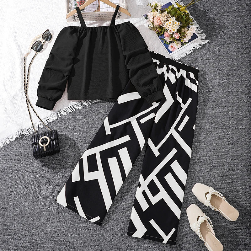 Ensembles de vêtements pour enfants pour filles, kaki, épaules dénudées, haut à manches longues et pantalon imprimé à rayures, costumes pour enfants de Style station d'été OOTD