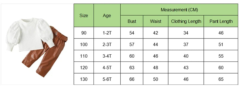 Ensemble de vêtements pour enfants filles, chemisier côtelé à manches longues bouffantes + pantalon en cuir PU avec ceinture, 2 pièces pour vêtements pour filles, taille 1 2 3 4 5 6