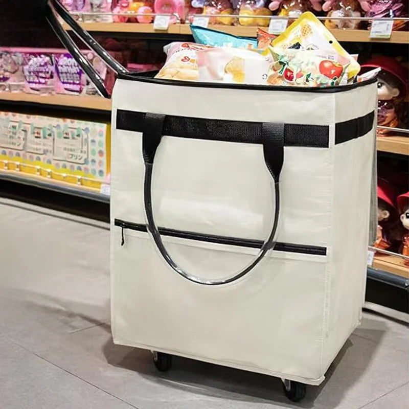 Sac de courses réutilisable à roulettes, sac fourre-tout roulant de voyage de grande capacité, fermeture à glissière, poignée pliable, pas facile à casser