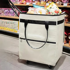 Sac de courses réutilisable à roulettes, sac fourre-tout roulant de voyage de grande capacité, fermeture à glissière, poignée pliable, pas facile à casser