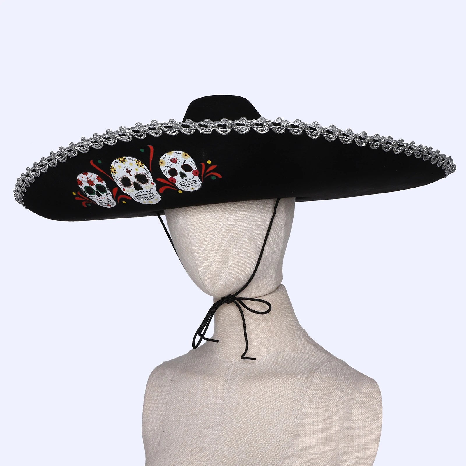 Chapeau mexicain unisexe pour adultes et enfants, motif de crâne tressé métallique, chapeau noir à large bord pour l'été, chapeau de soleil en plein air, accessoire de Cosplay d'halloween
