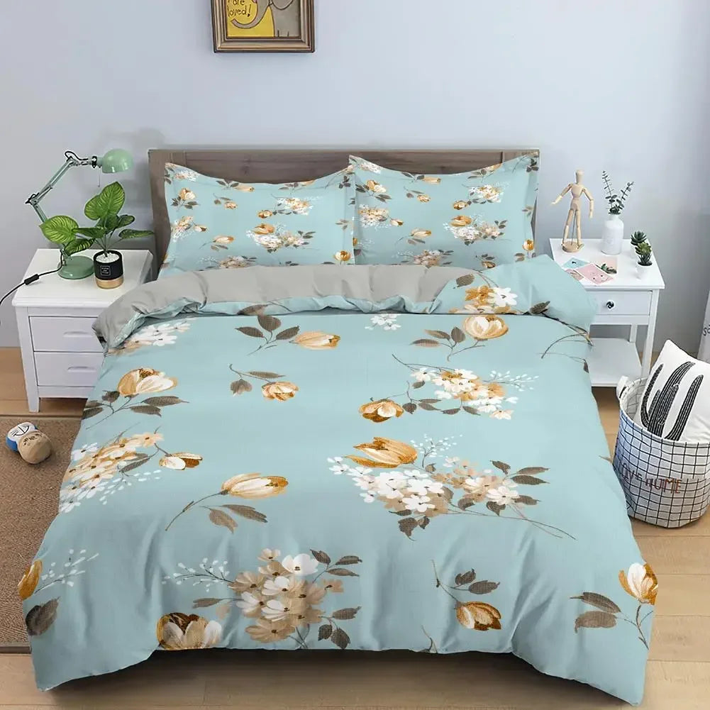 Royal Blue Gold Flower Classic Duvet Cover Sets, Queen, Full, Double Duvet Covers Pillowcases Bedding Set 260x220cm
