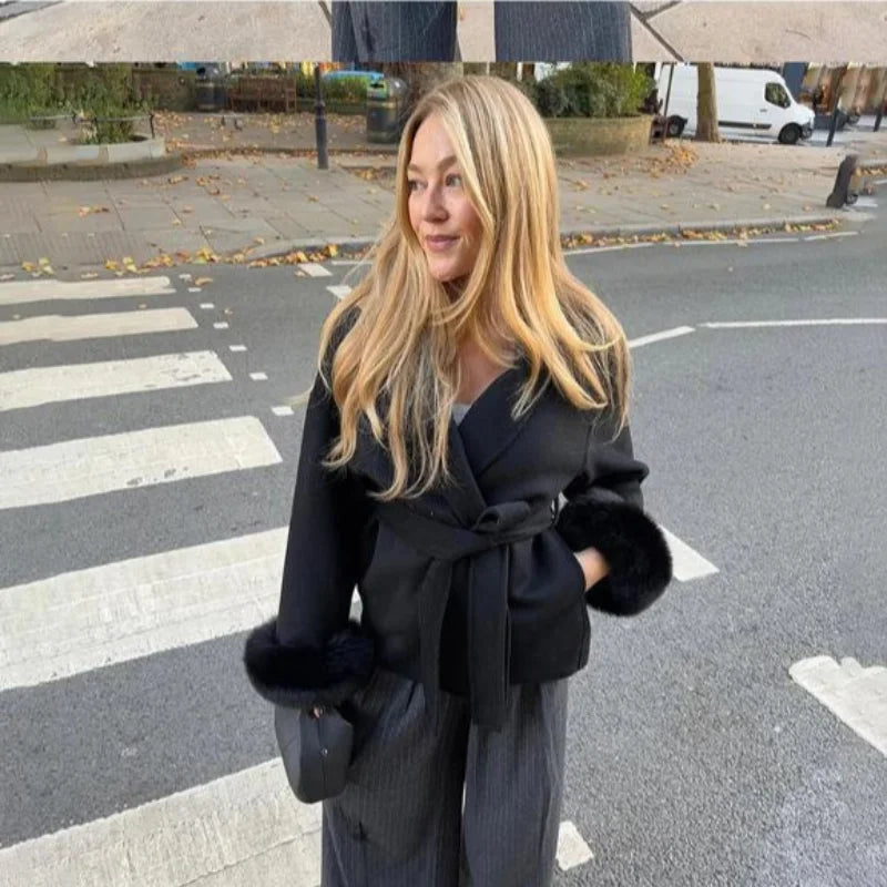 Manteau Long à lacets pour femme, manteau de bureau élégant en laine, fourrure, Patchwork, manches longues, vestes Cardigan amples, nouvelle collection 2025