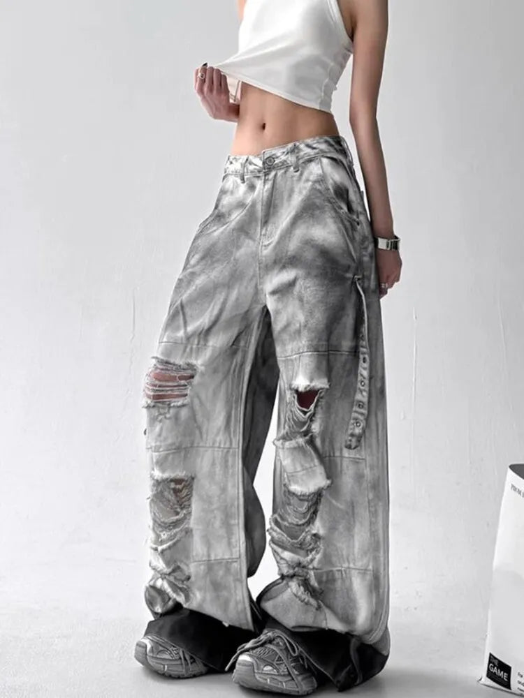 Femmes jean pantalon américain haute rue déchiré droit jambe large jean pour femmes conception cravate-teinture Jazz danse Cargo pleine mince jean