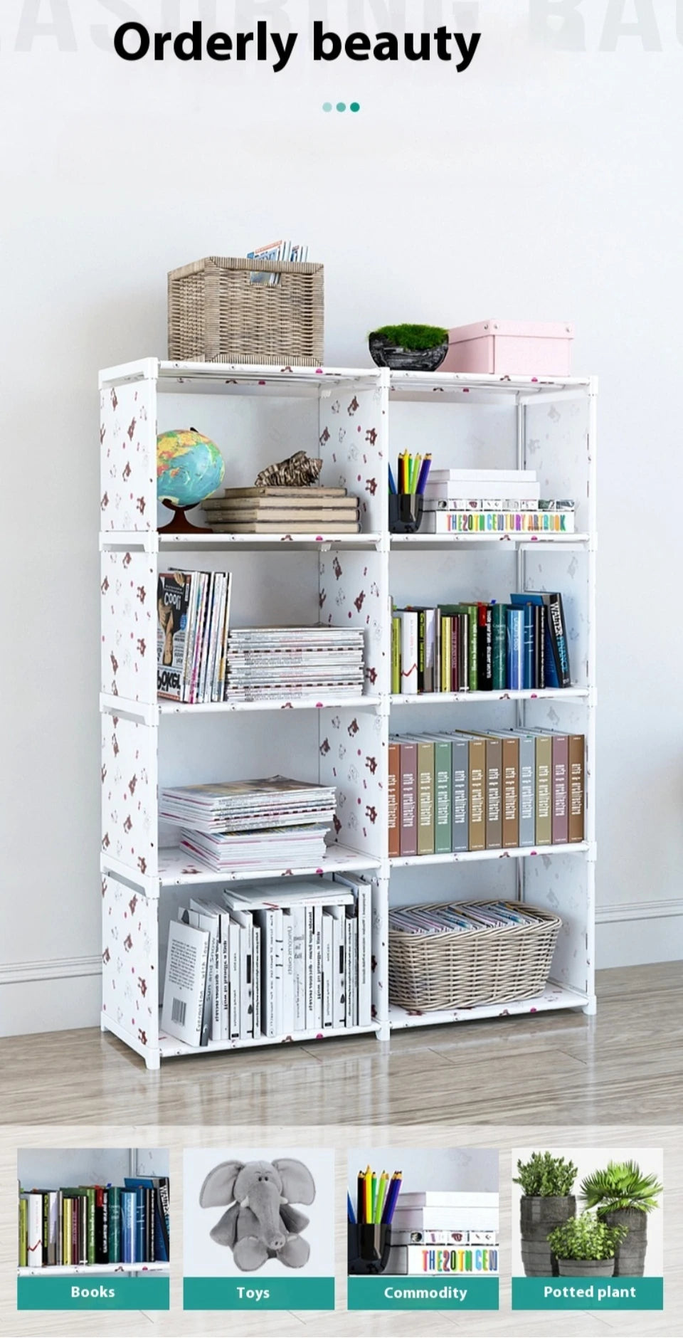 Simple storage shelf, multi-layered clutter storage shelf, bookcase organizer, easy assembly for bedroom or bookcase