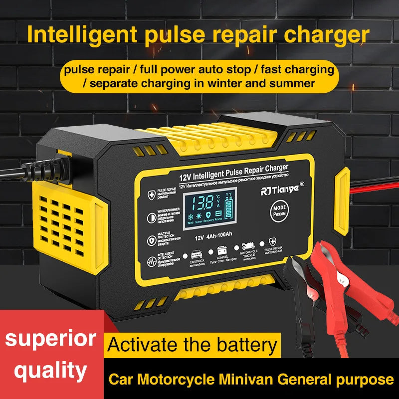 12V 6A Car Battery Charger, Pulse Repair, LCD Screen, Smart Fast Charging, AGM, Deep Cycle, GEL, Lead Acid, for Cars and Motorcycles
