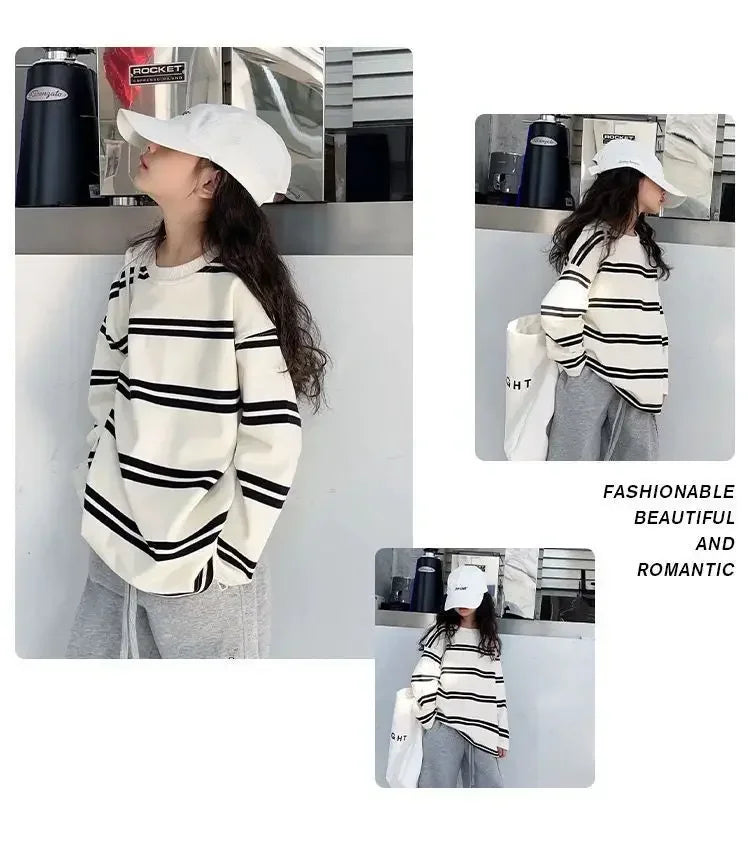 Ensemble de vêtements simples de Style coréen pour filles, 2 pièces, rayé à manches longues + pantalon ample, tenues pour adolescentes de 6 8 10 12 14 ans, 2025
