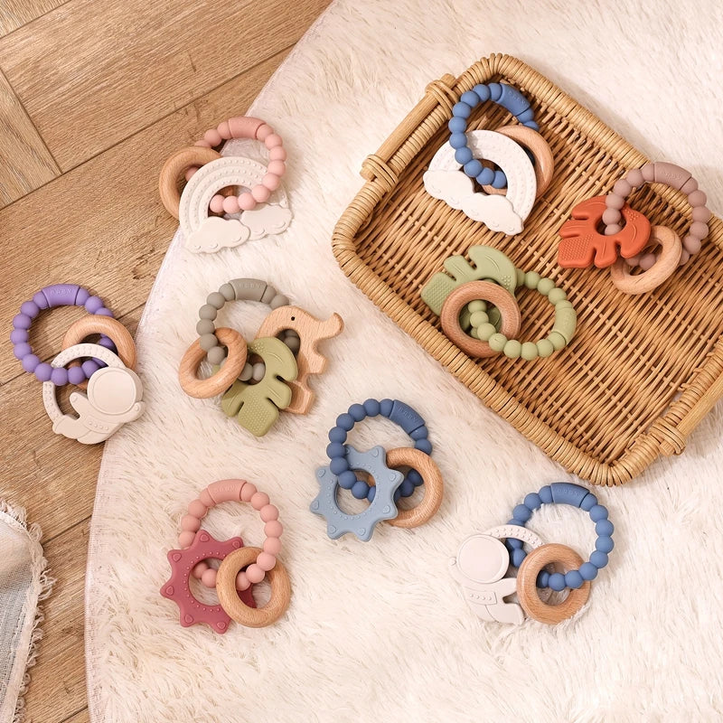 Anneau de dentition en Silicone pour bébé, 1 pièce, sans BPA, Bracelet en Silicone, feuille, jouets de dentition, anneau en bois, dent d'allaitement, jouets cadeaux pour nouveau-né