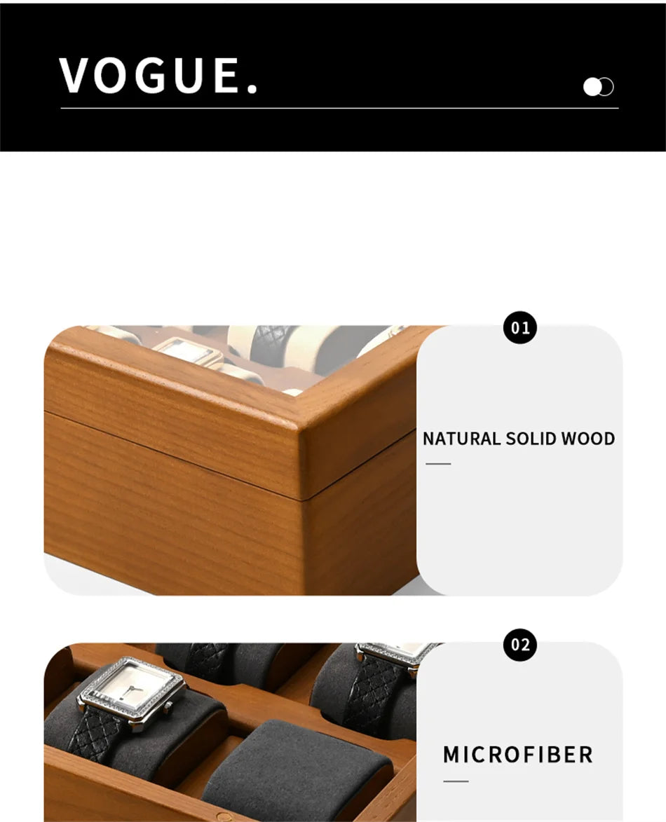 Oirlv boîte de rangement de montre en bois délicate couvercle en verre anti-poussière boîte de montre boîte de collecte de montre-bracelet affichage stockage boîte de montre à 6 grilles