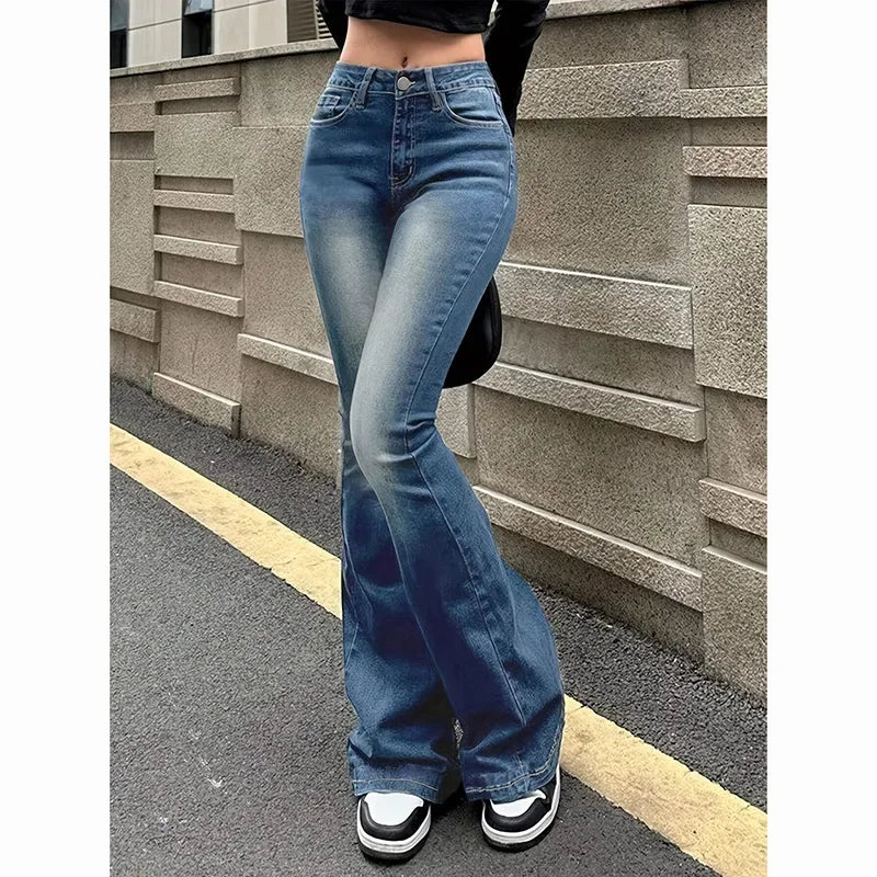 Girls' high-waisted flared jeans, stretch denim pants, bootcut fit, solid color, narrow bell leg, 2025