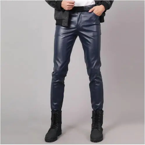 Pantalon en cuir PU pour hommes, Slim, à la mode, rouge, bleu, noir, gris, blanc, nouvelle collection 2024