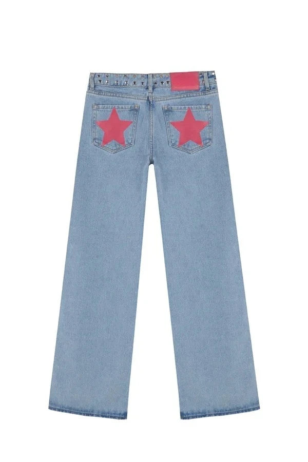 Y2K Vintage jean Flash argent étoile motif métal Rivet jean femme Baggy décontracté jambe droite Denim pantalon Simple femmes vêtements