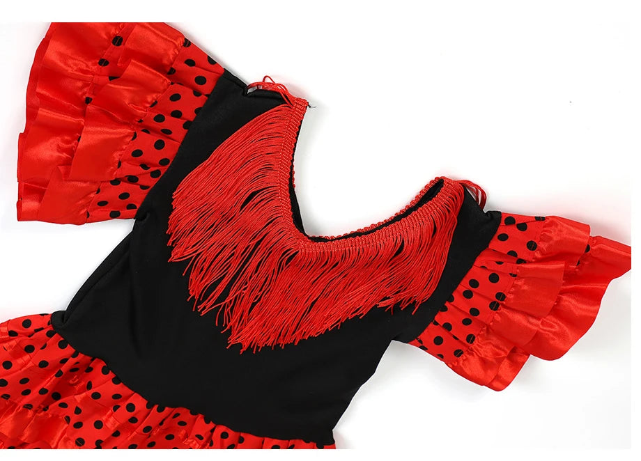 Robe de danse traditionnelle espagnole pour filles, robe de Festival à pois avec pompon, quatre couleurs, jupe classique de Style Flamengo gitane pour enfants