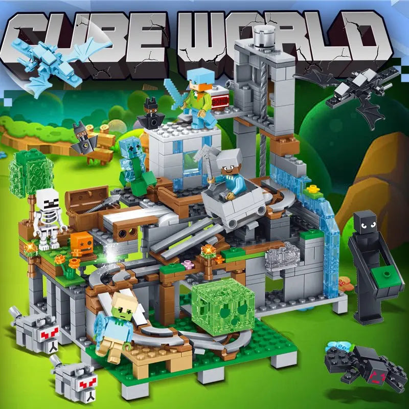 Blocs de construction de puzzle pour enfants, toboggans de village, grottes, mines, villes de chevaux, chats, léopards, jungles, jouet éducatif pour