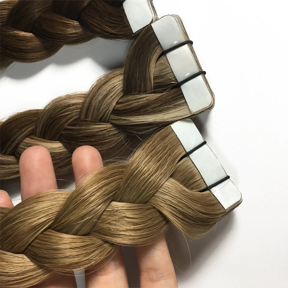 Bande dans les Extensions de cheveux humains droits Extensions adhésives de cheveux brésiliens trame de peau noir brun 100% vrais cheveux humains pour les femmes
