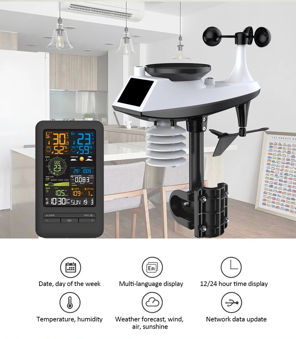 Tuya WiFi Station météo intelligente horloge compteur de température et d'humidité compteur de vitesse et de direction du vent écran couleur horloge numérique