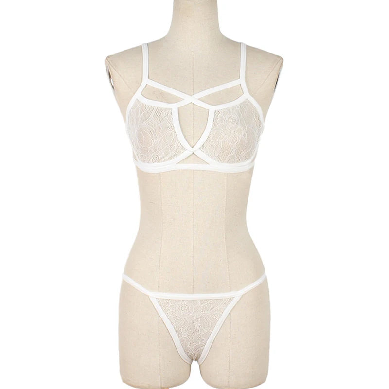 Ensembles de Lingerie érotique pour femmes, jarretelles en dentelle, soutien-gorge et culotte transparents, Costumes Porno féminins, col licou en V profond, ensemble de sous-vêtements Sexy