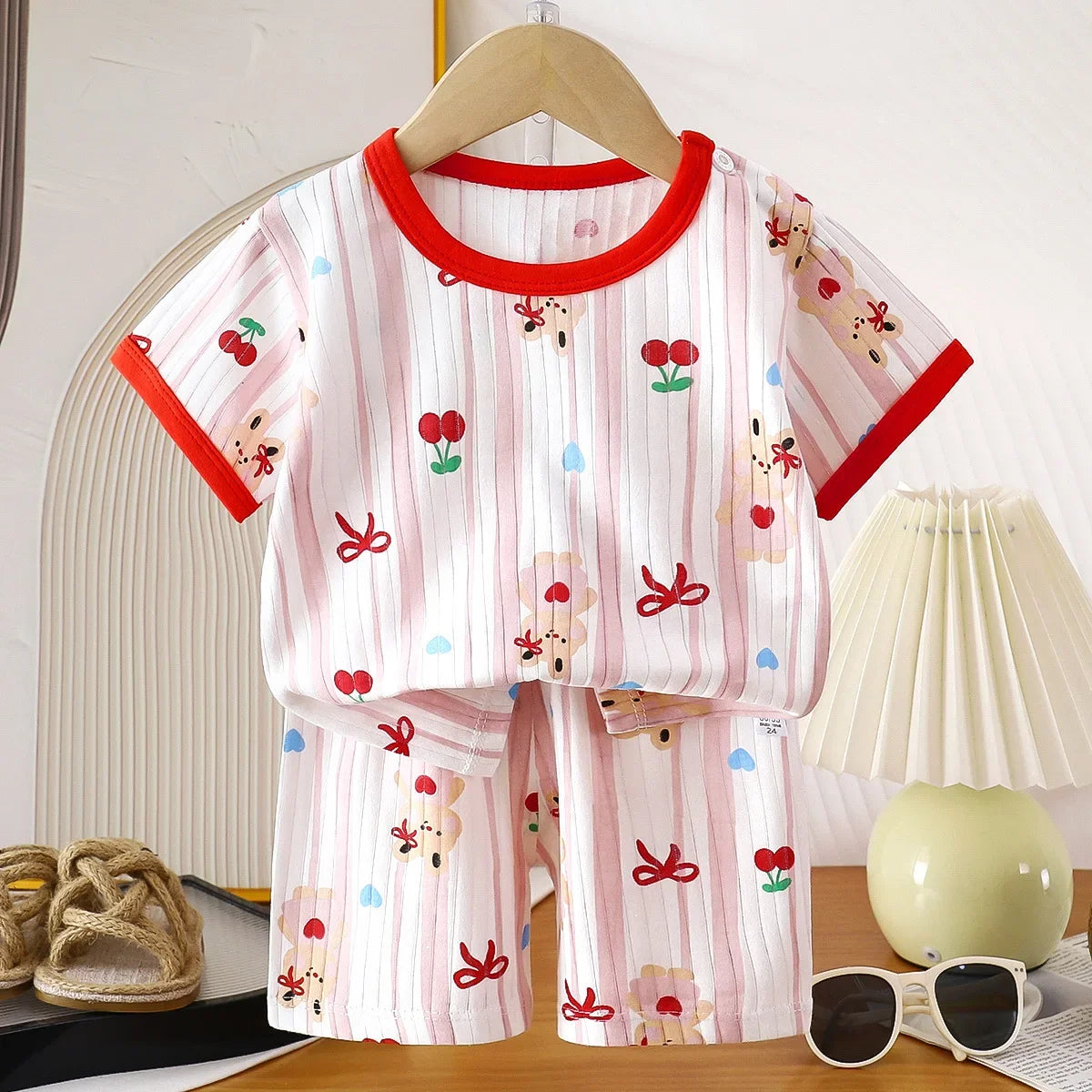 Ensemble de vêtements d'été en pur coton pour enfants, t-shirt à manches courtes avec Short, dessin animé mignon, pyjama décontracté pour bébés en bas âge