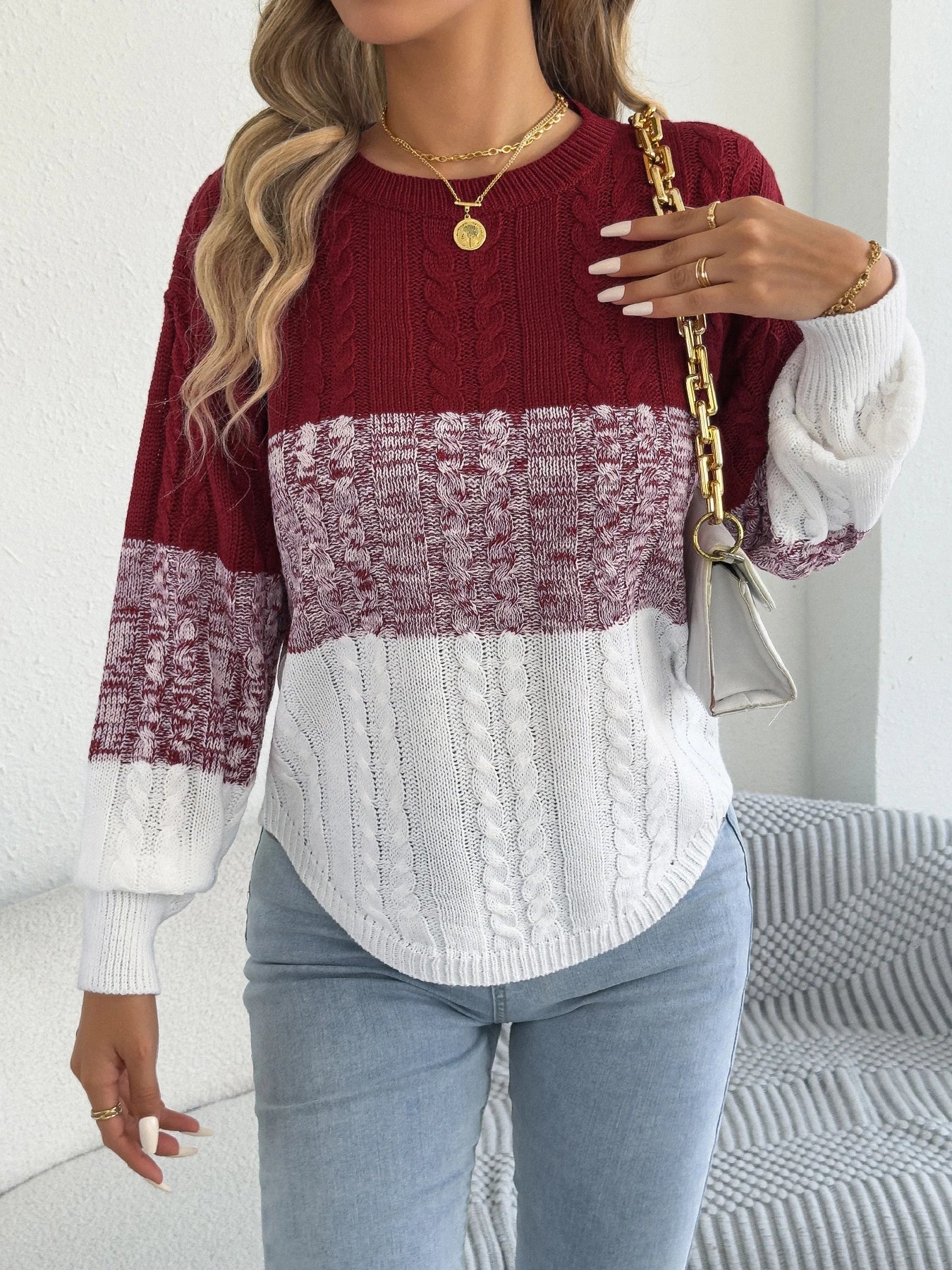 Femme décontracté couleur bloc rayé pull col rond lanterne à manches longues torsion tricoté hauts pour 2025 automne hiver femmes vêtements