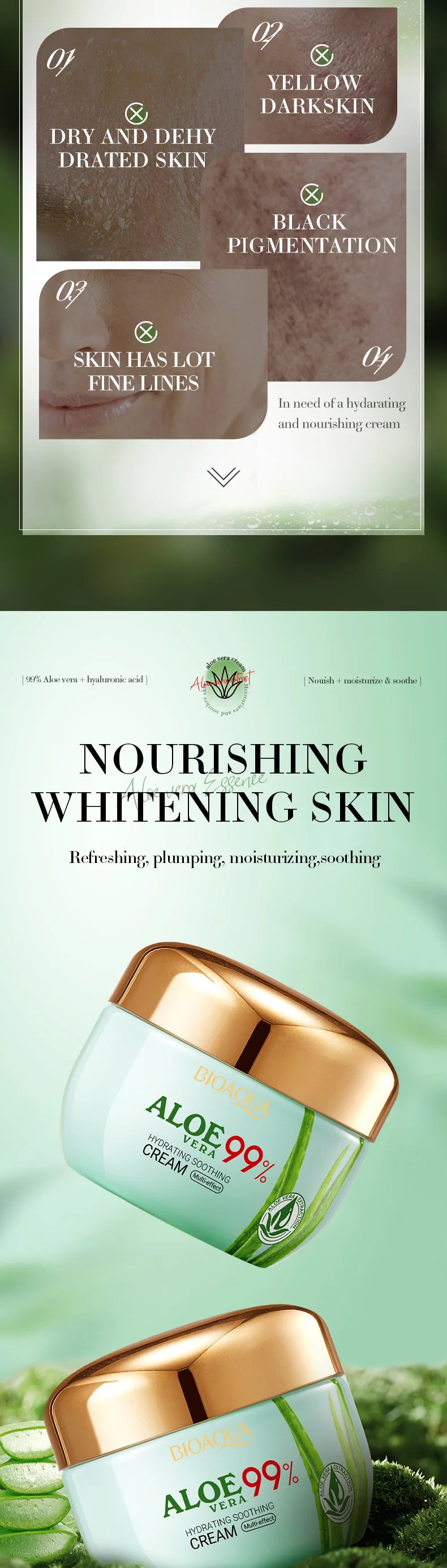 2 pièces/kit BIOAQUA Aloe Vera ensembles de soins de la peau crème pour les yeux du visage hydratant raffermissant crèmes à l'aloe vera ensemble de soins de la peau du visage
