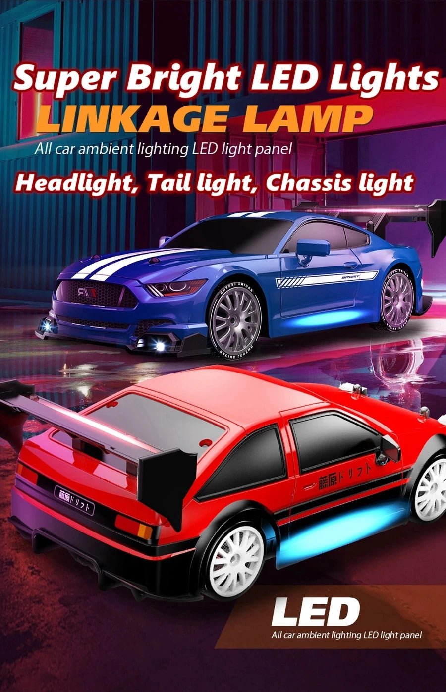 4WD RC Drift Car, High-Speed ​​Remote Control Racing Vehicle with LED Lights, 2.4GHz Radio, 4x4 Off-Road Truck, Children's Toy