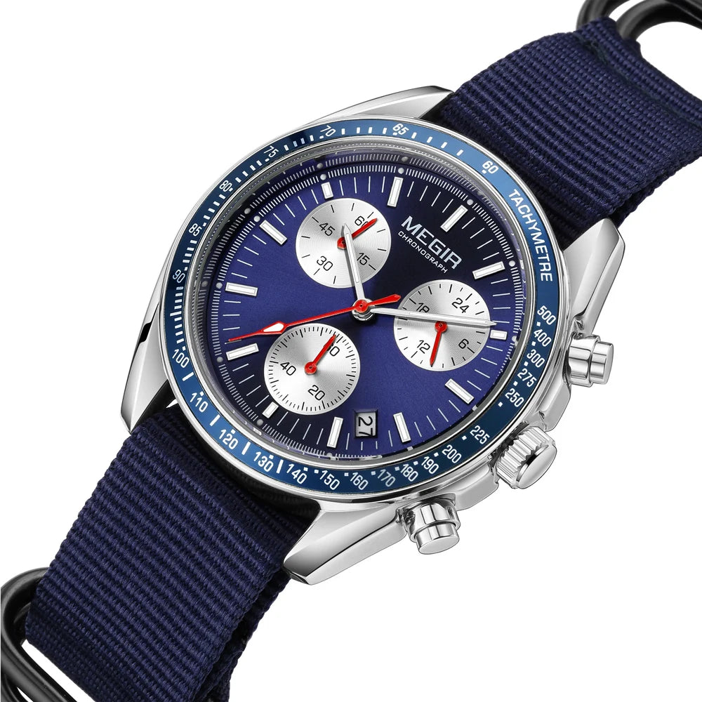 MEGIR montre à Quartz à trois yeux pour hommes bracelet tressé en Nylon étanche sport lumineux avec chronographe montre-bracelet de mode homme