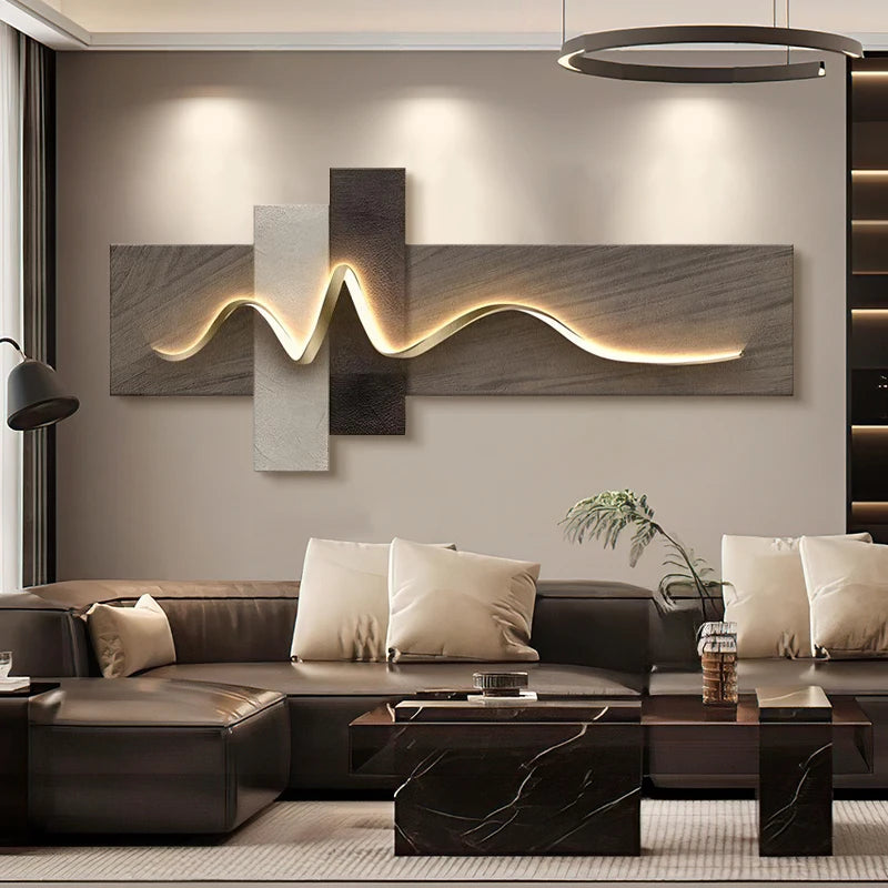 Chambre principale salon géométrique bureau décor peinture avec lumières luxe canapé TV fond mur suspendu photo chambre lits