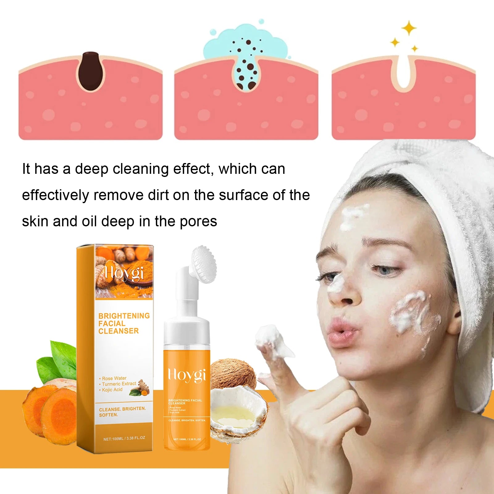 Nettoyant au curcuma, nettoyage en profondeur, acide kojique, dissolvant de points noirs, nettoyage de la peau, contrôle de l'huile, estompe les marques d'acné, mousse éclaircissante