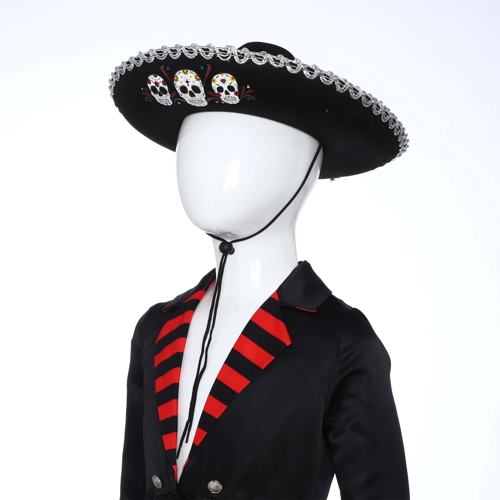 Chapeau mexicain unisexe pour adultes et enfants, motif de crâne tressé métallique, chapeau noir à large bord pour l'été, chapeau de soleil en plein air, accessoire de Cosplay d'halloween